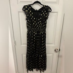 Lulus Cause to Celebrate Black and Gold Dot Ruffled Tiered Midi Dress